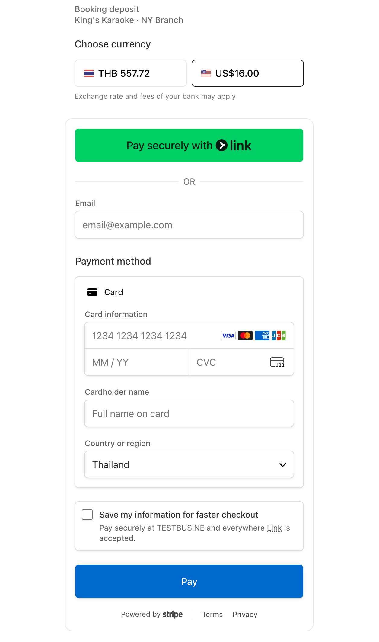 Booking deposit checkout showing a US$16 payment, currency options, and Link or card payment methods