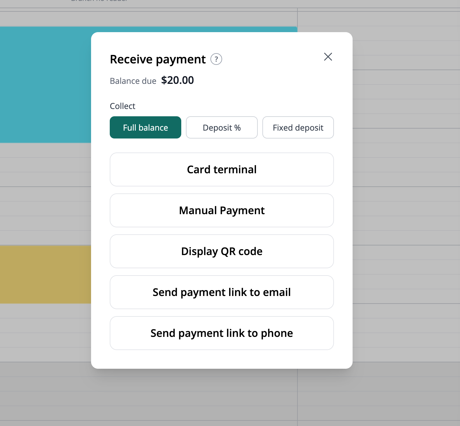 Payment options for a WebbyBooky booking, including a card terminal, QR code, and payment links