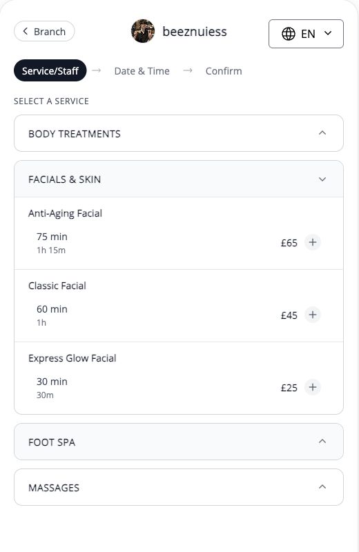 Customers browse service categories, compare durations and prices, and choose a treatment.