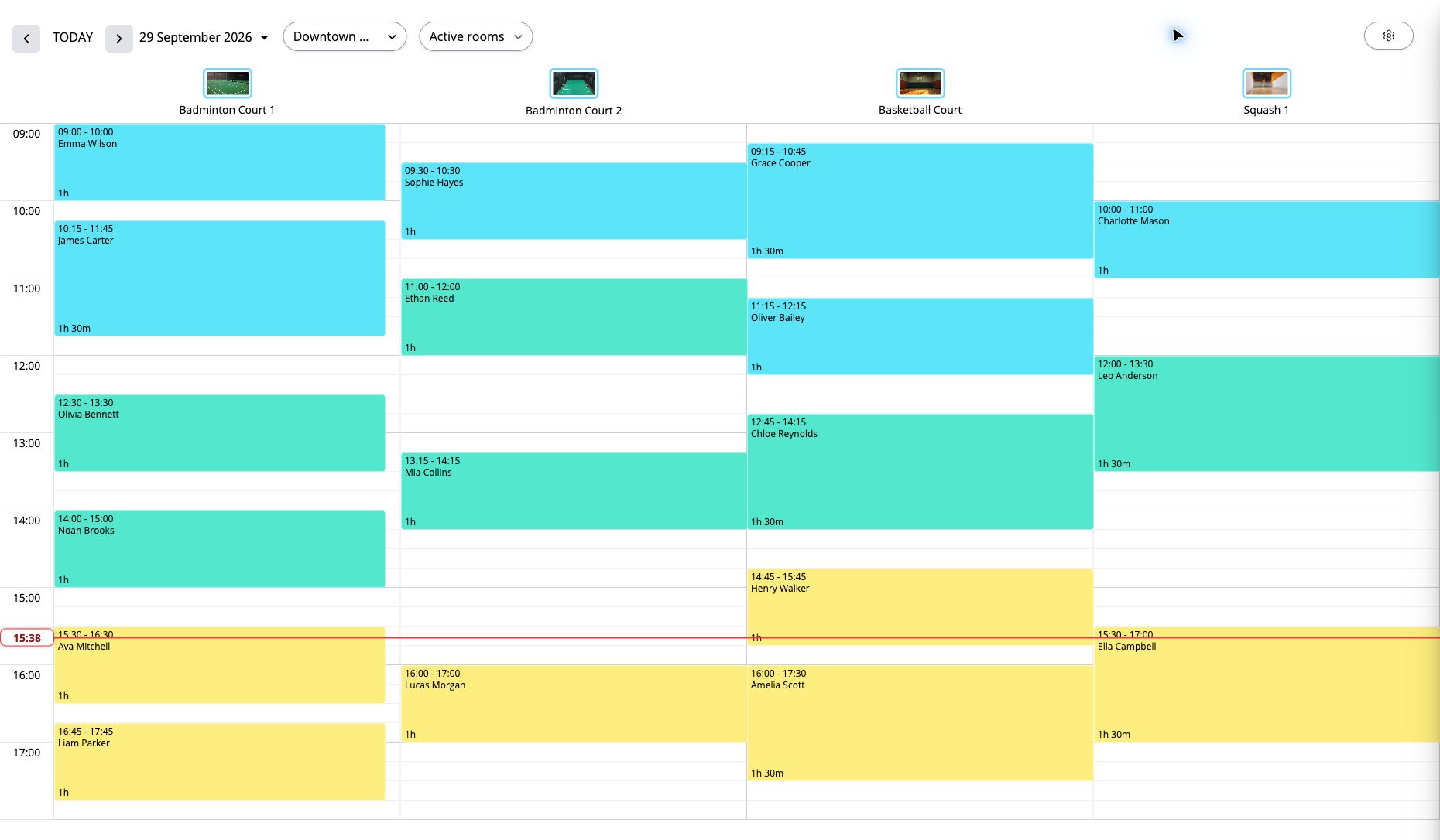 View active spaces side by side, with booking times, client names and status colours on the room calendar.
