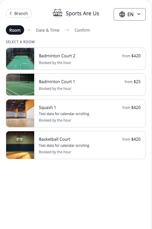 Customers browse room photos and starting prices before choosing a space to book.