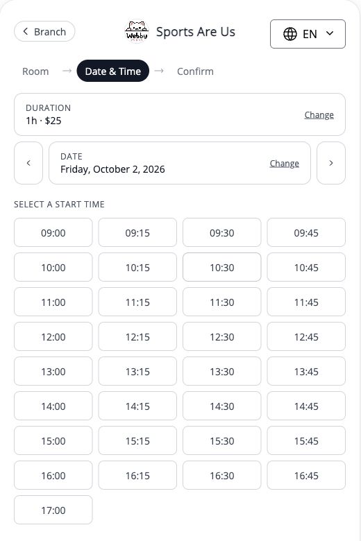 Customers choose an available start time for their room booking.