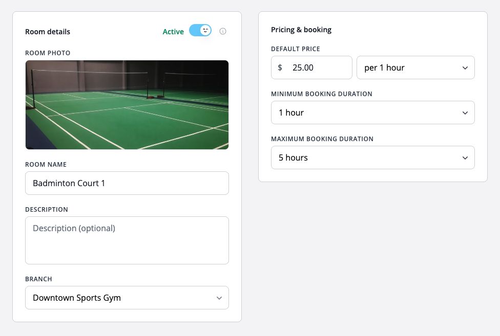 Set a room’s hourly rate and minimum and maximum booking durations alongside its details and branch.