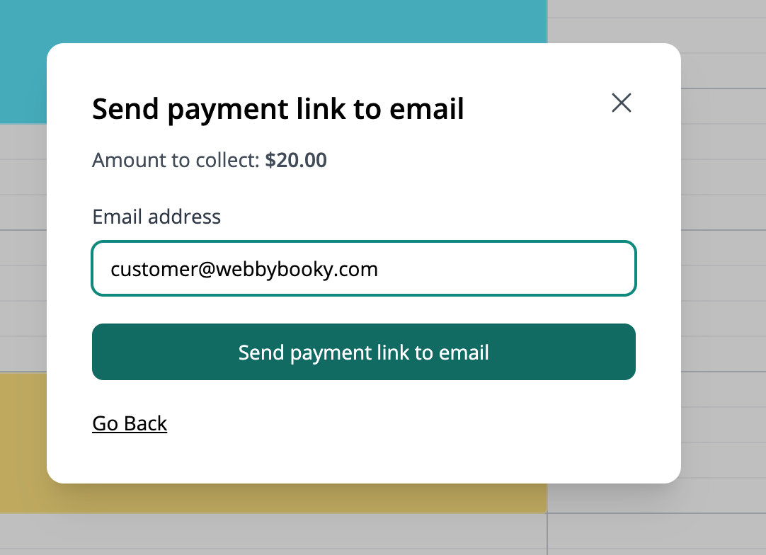 Send payment link to email dialog showing a $20 amount to collect and the customer's email address