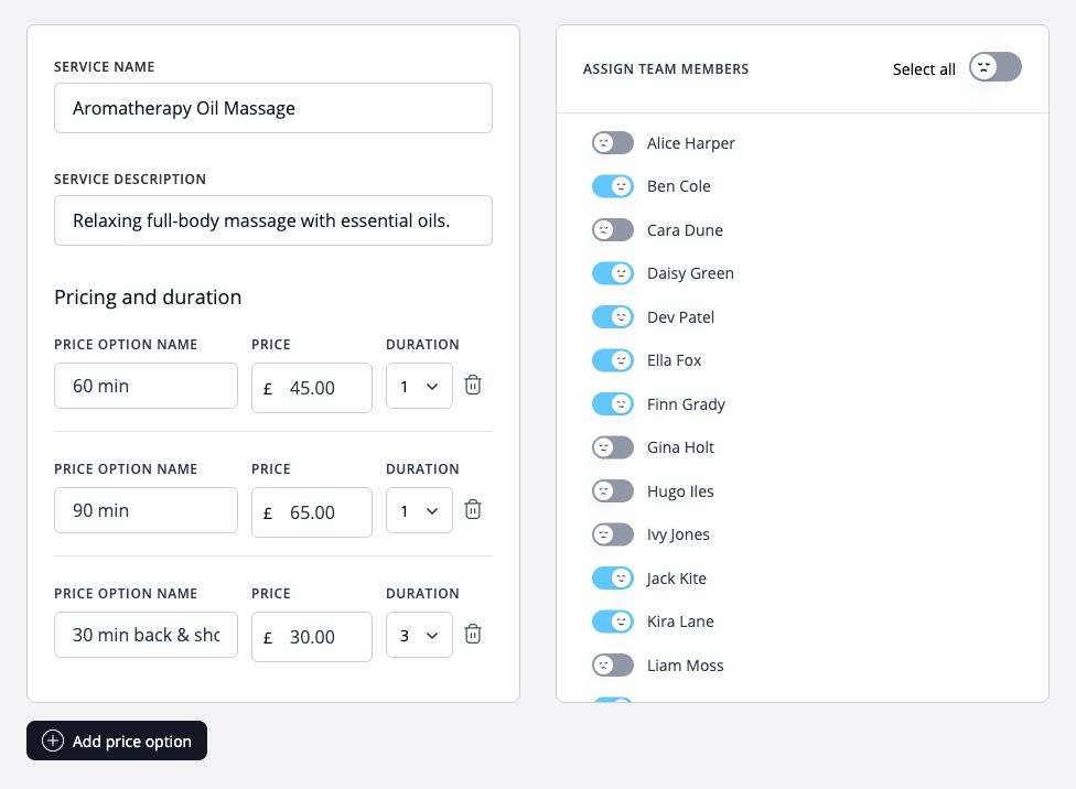 Set service prices and durations, and assign the team members who can provide each service.