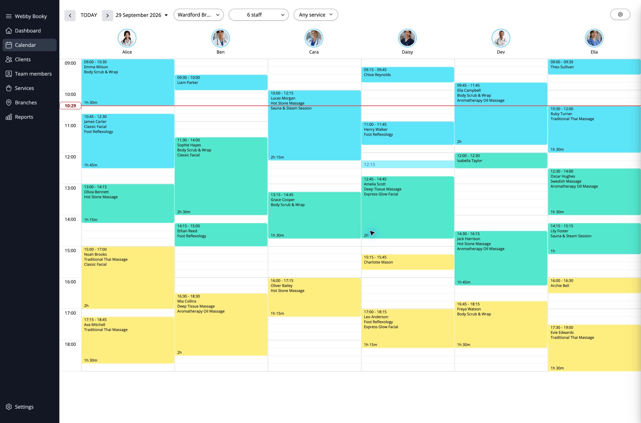 See appointments by team member, with client names, services, durations and booking status colours.