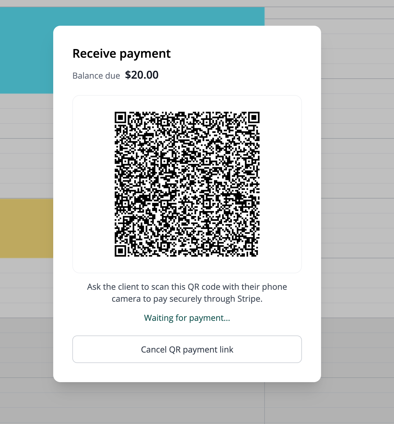 Calendar payment QR code for a $20 balance, with a waiting for payment status.