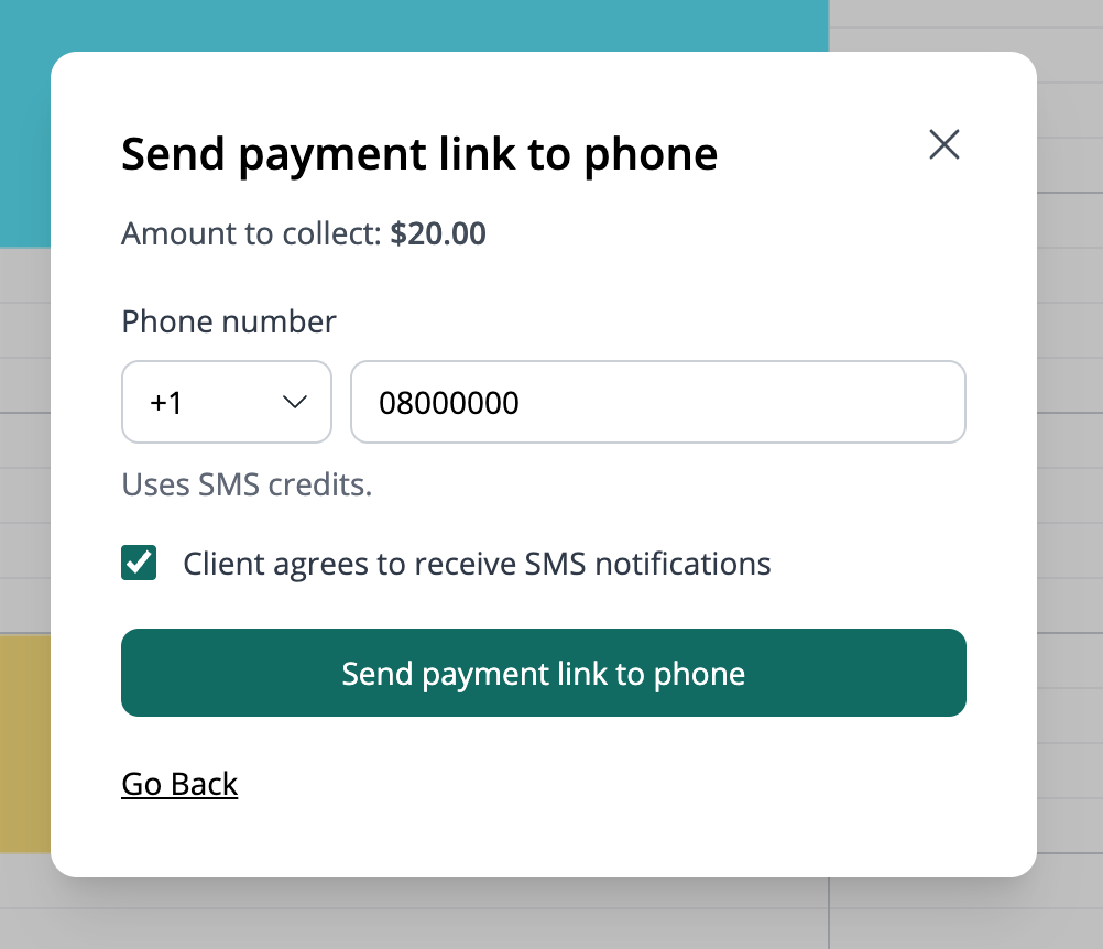 Send payment link to phone dialog with a $20 amount, country code, phone number and SMS consent checkbox.