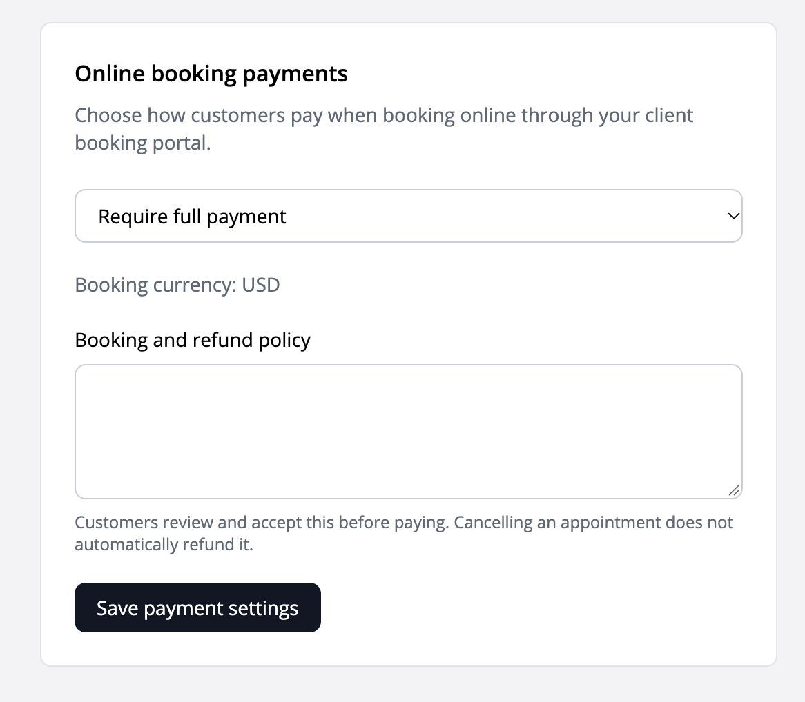 Online booking payment settings with Require full payment selected and a booking and refund policy field.