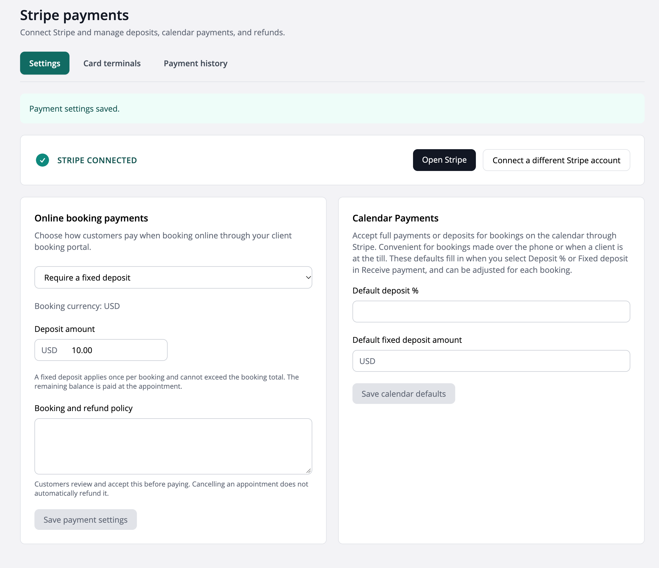 Connected Stripe payments settings showing a $10 fixed online booking deposit and separate calendar payment defaults.